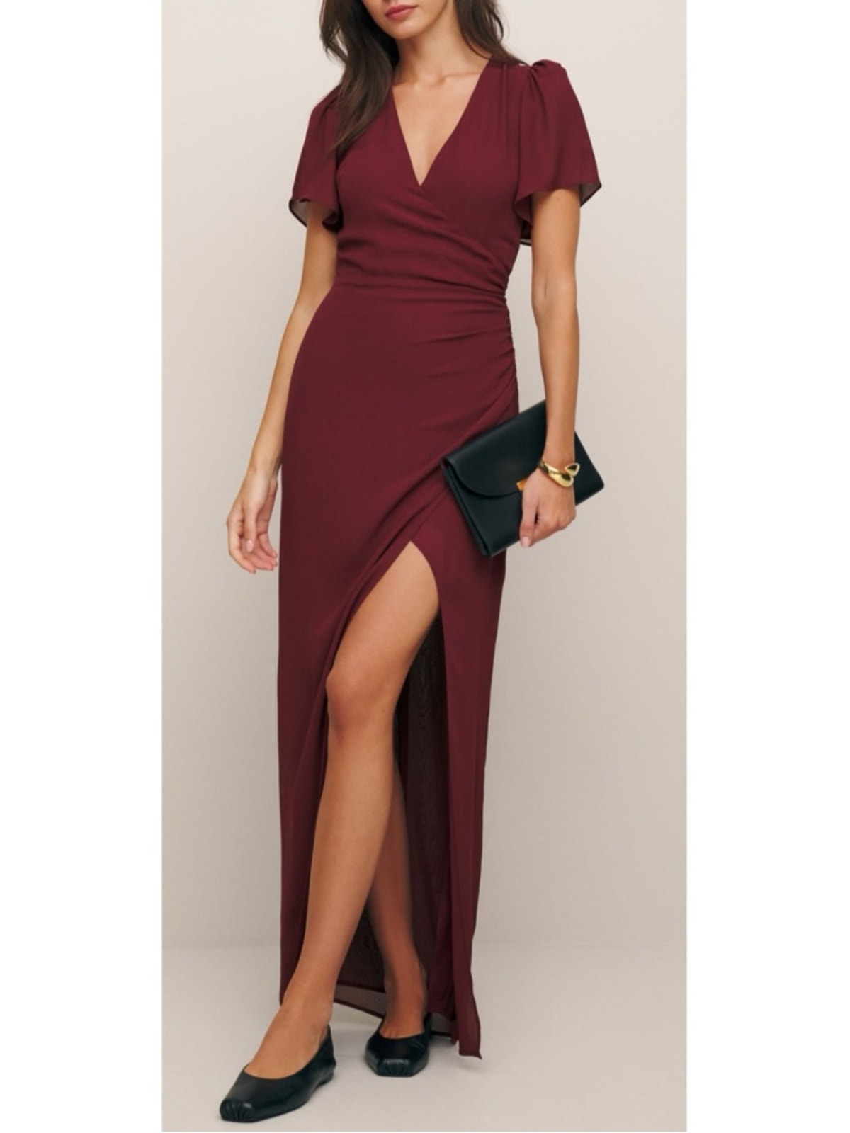 Reformation Watkins Deep V Ruched Red Plum Maxi Dress Size 6